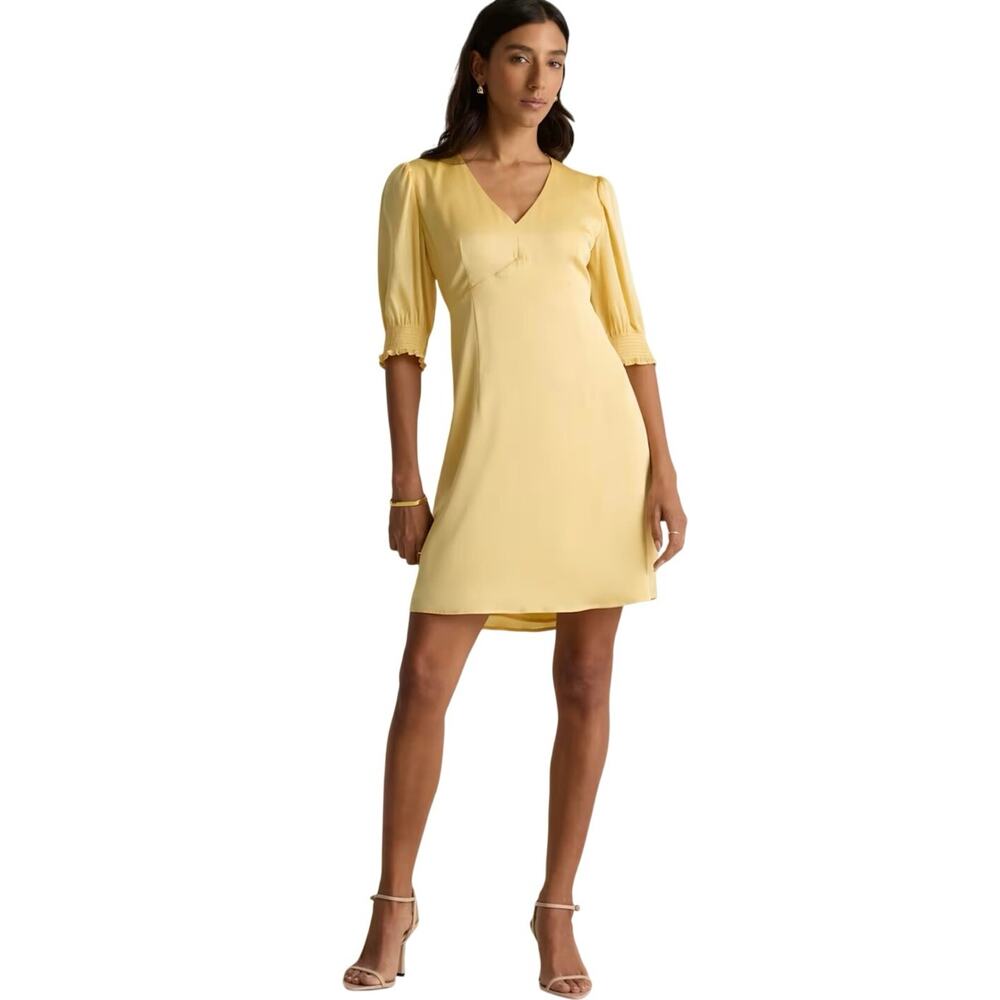 New Women’s XS Quince Puff Sleeve Washable Silk Mini Dress Butter Yellow Party